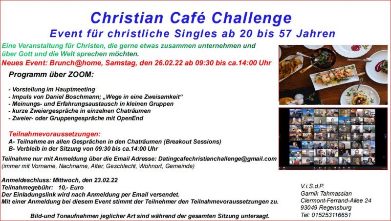 Online Event für christliche Singles ab 20 bis 57 auf ZOOM - Gruppenevent - Online ( ZOOM )
