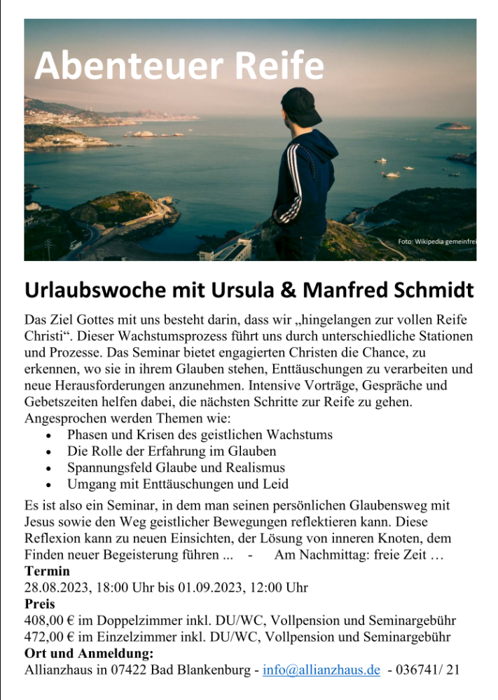 Abenteuer Reife - Urlaubswoche mit Manfred und Ursula Schmidt, Fürth - Seminar - Bad Blankenburg
